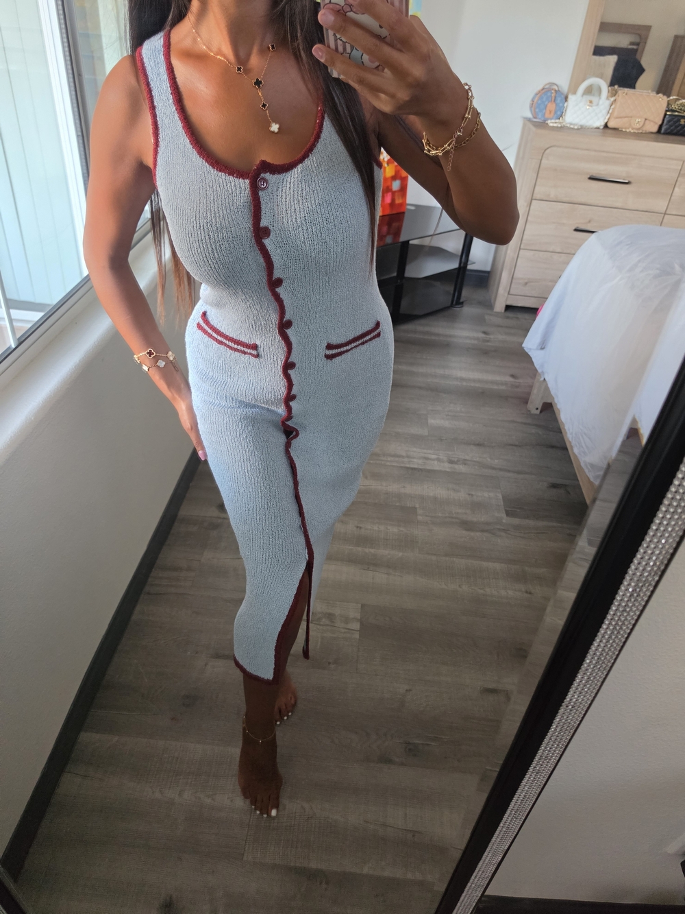 Sleeveless Light Blue Knit Midi Dress with Burgundy Trim Stretchy - Picture 15 of 17